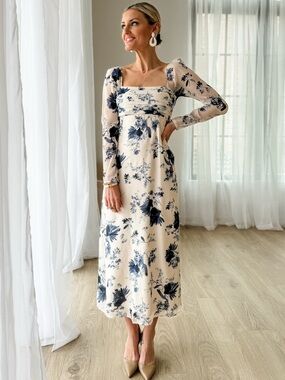 NEW Abercrombie Emerson Long-Sleeve Midi Blue Floral Dress - Size XXS Petite